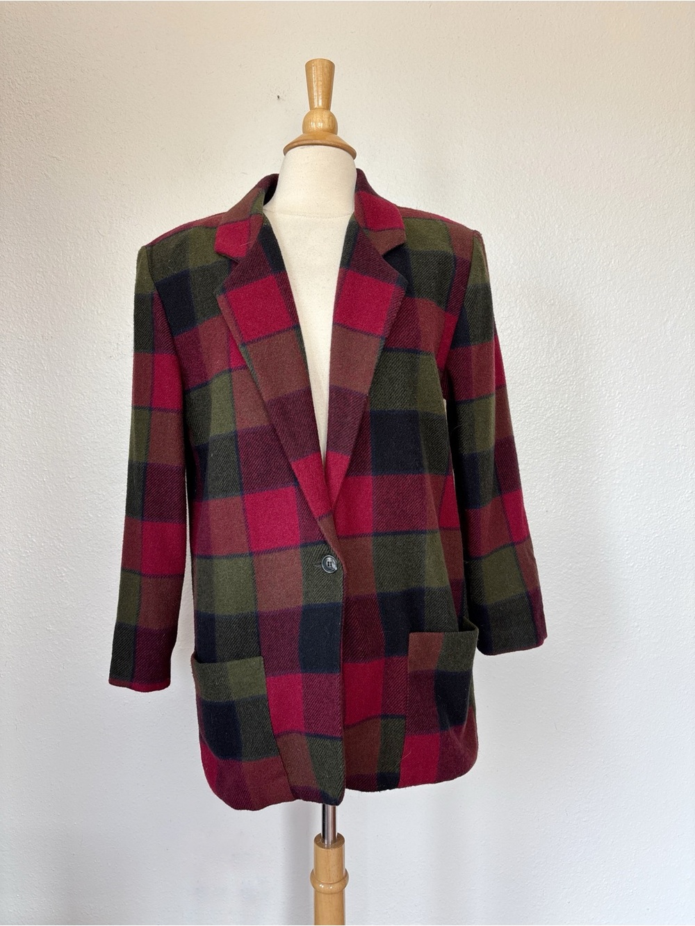Vintage Wool Blend Union Made Plaid Single-Button Oversized Blazer Jacket